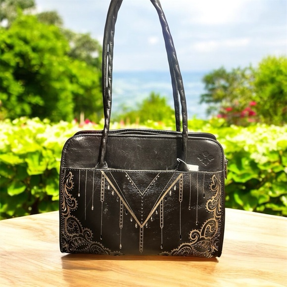 PATRICIA NASH Black Leather Shoulder Bag Laser Cut Details Multiple Compartments - Picture 1 of 7